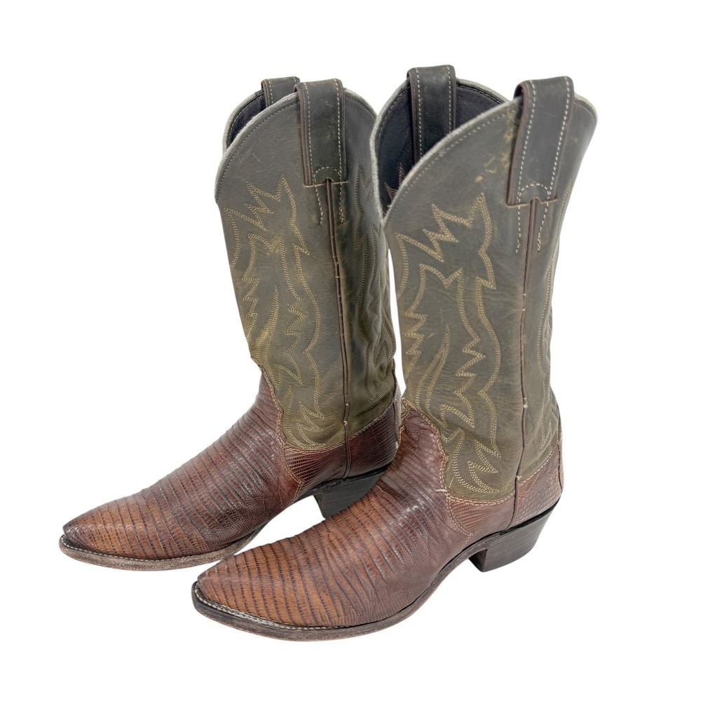 Justin Lizard Skin Western Boots Brown Olive Green USA Womens 6.5B Pointed Toe